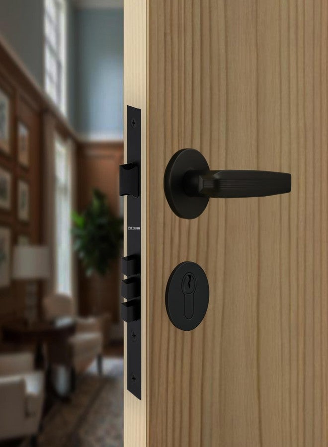FITTINGO Lille Mortise Door Handle Lock Set/Premium Zinc Alloy Door Handle with Lock/Heavy-Duty Main Door Handle with Key Lock for Home, Office & Hotel Doors - 3 Years Warranty - Black Matt - Image 1